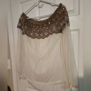 Stunning lace and jeweled off the shoulder blouse. Ladies L (fits like a M)